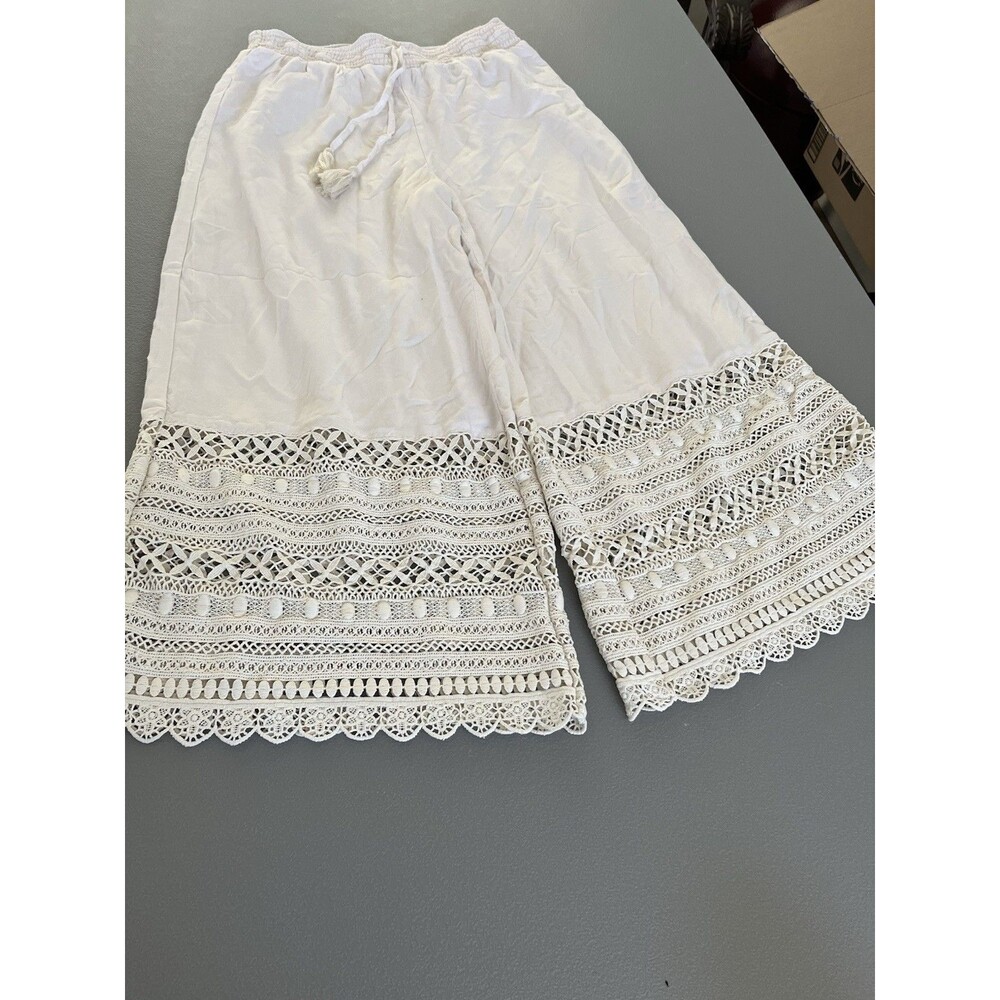American Eagle Women's Culottes Size S Ivory Drawstring Waist Laced Hem BOHO